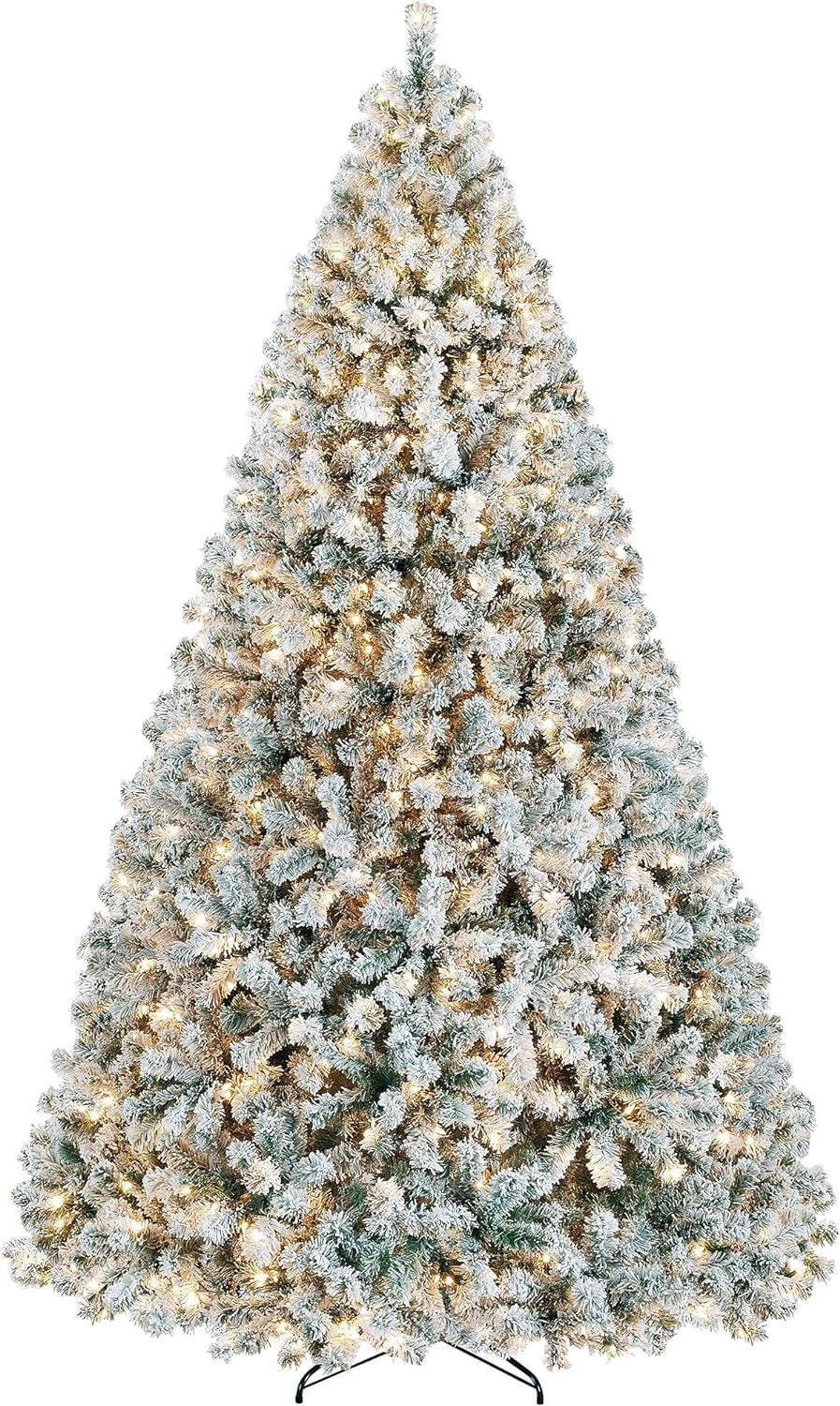 9Ft Pre-Lit Artificial Christmas Tree with Incandescent Warm White Lights, Snow Flocked Full Prelighted Xmas Tree W/2084 Branch Tips, 900 Incandescent Lights & Foldable Stand, Green & White