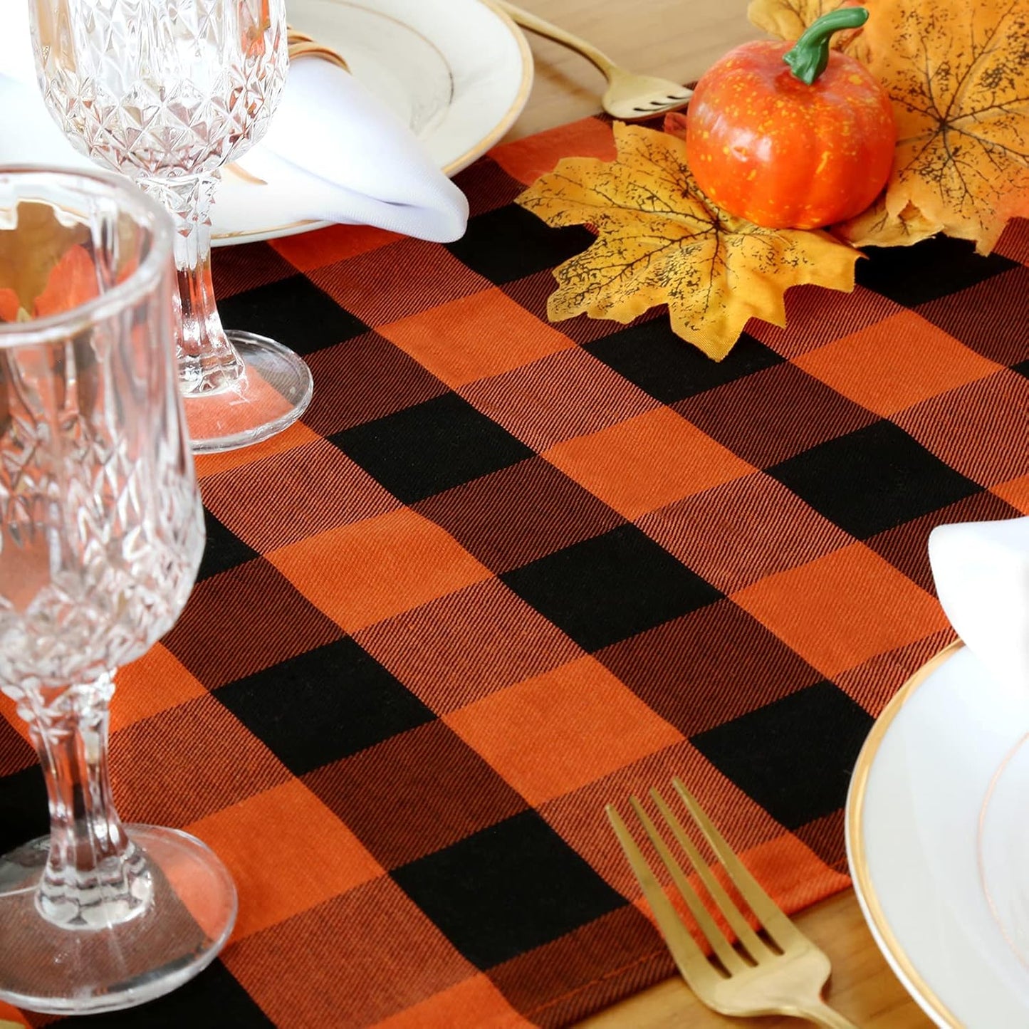 Buffalo Plaid Table Runner 2 Packs 13X84 Inch Orange and Black Checkered Cotton Runner for Christmas Gatherings Indoor Party Decorations