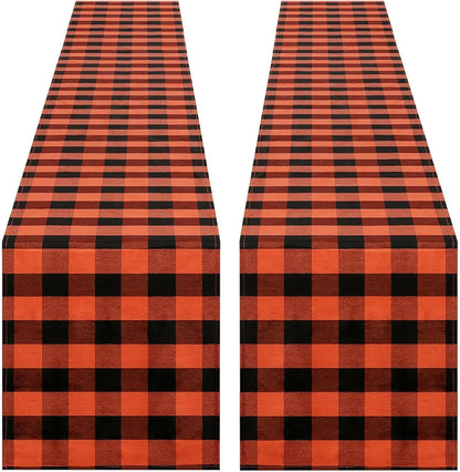 Buffalo Plaid Table Runner 2 Packs 13X84 Inch Orange and Black Checkered Cotton Runner for Christmas Gatherings Indoor Party Decorations