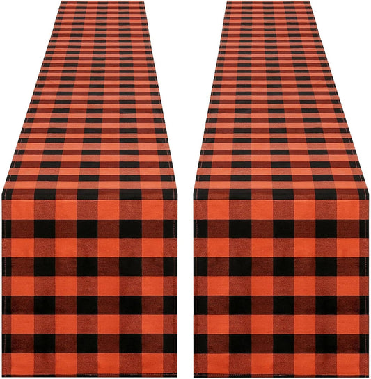 Buffalo Plaid Table Runner 2 Packs 13X84 Inch Orange and Black Checkered Cotton Runner for Christmas Gatherings Indoor Party Decorations