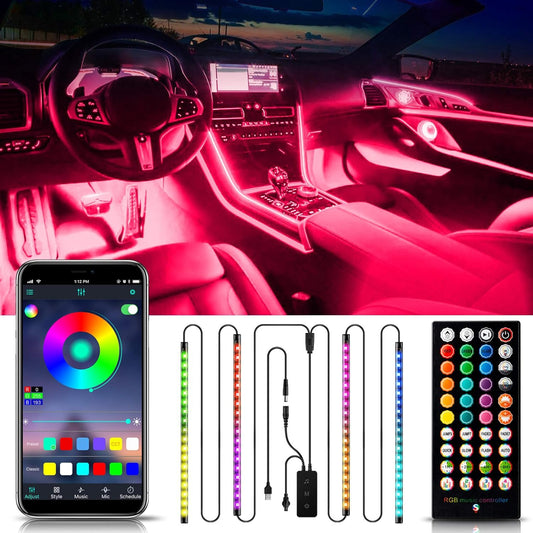 USB Interior Car Lights, Car LED Strip Lights 2-In-1 Design 4Pcs 72 LED Remote and APP Controller Lighting Kits, Waterproof Multi DIY Color Music Car Lighting DC 12V